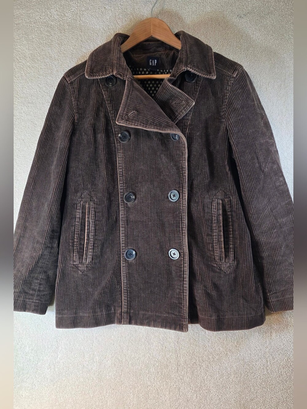 Vintage GAP Double Breasted Pea Coat Brown Wide Welt Corduroy Jacket Womens L